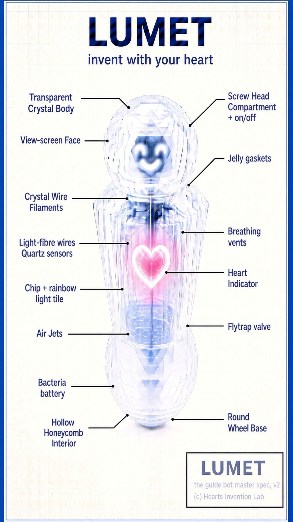 Labeled diagram of Lumet's crystal body: view-screen face, crystal wire filaments, heart indicator, air jets, bacteria battery and round wheel base